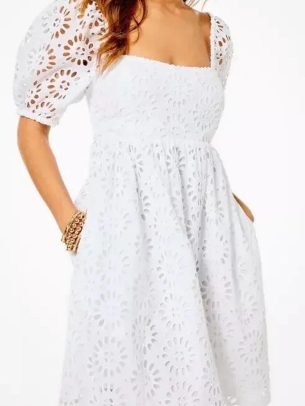 Lilly Pulitzer White Eyelet Puff-Sleeve Square-Neck Mini Dress summer dress 8